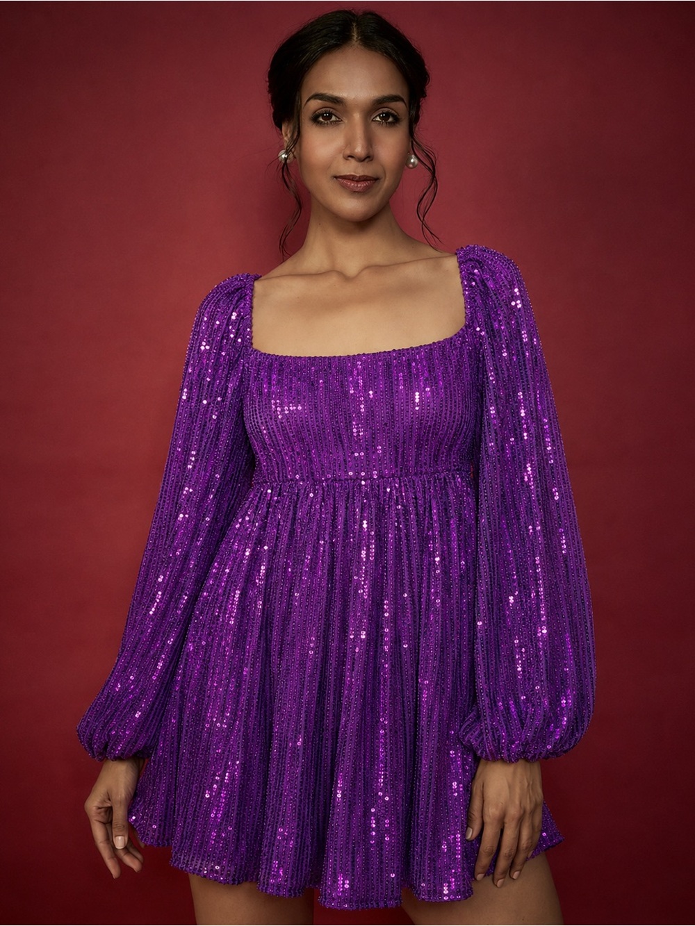 Purple Sequin Mini Dress Bishop Puff Sleeves New Years Eve Party Homecoming